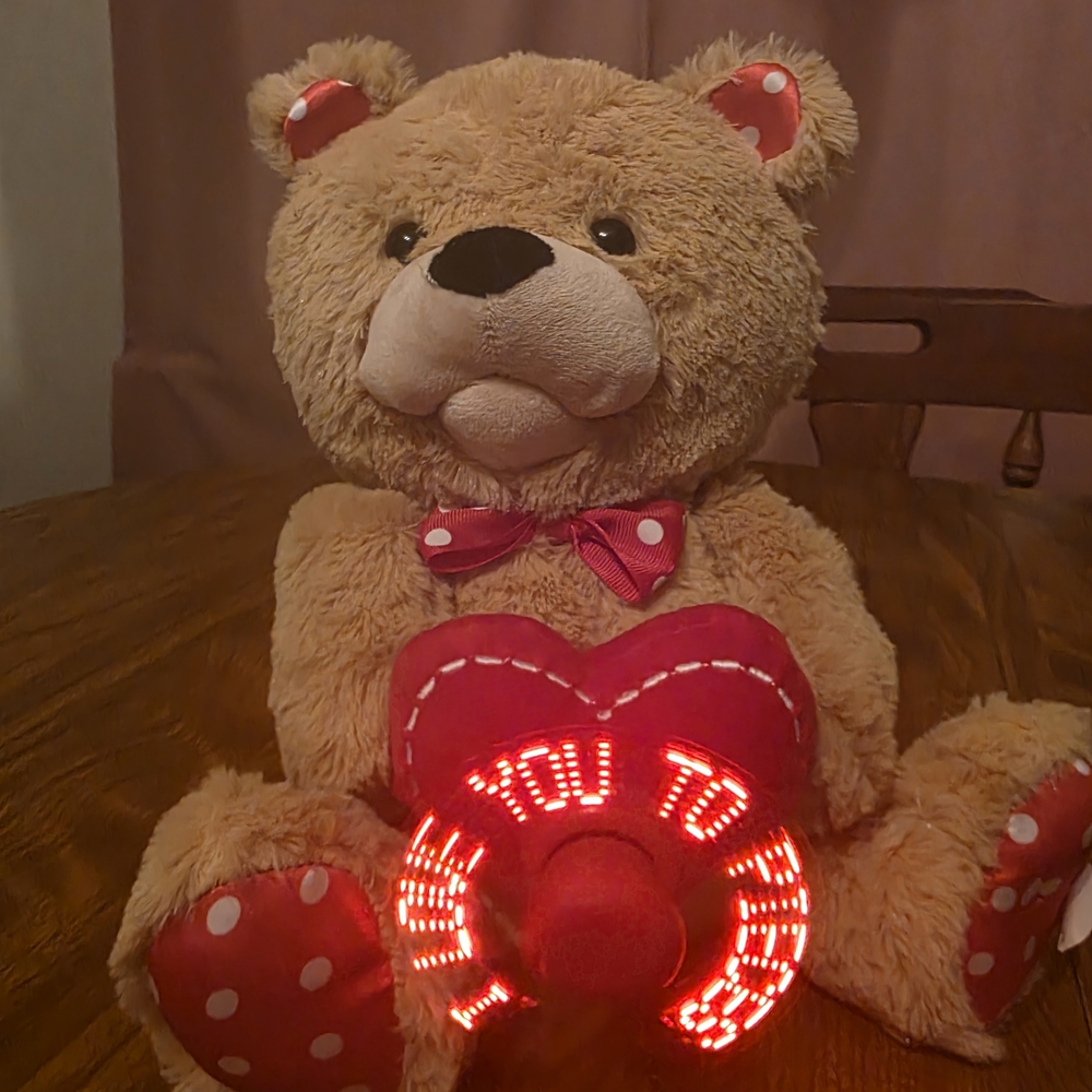 Singing Plush Brown Teddy Bear with Red Heart LED and Polka Dot Accents